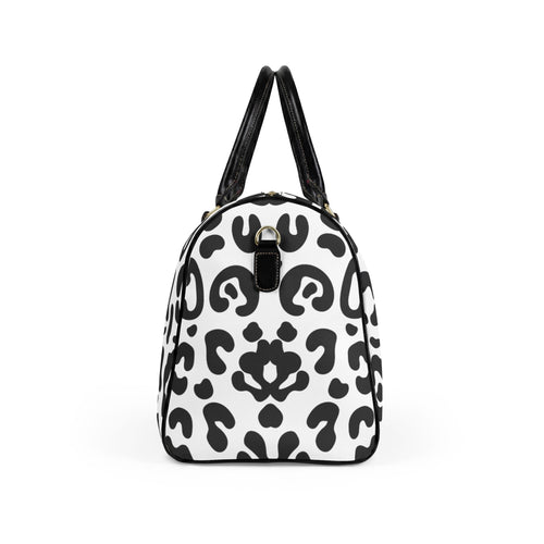 Black & White Leopard Faux Leather Travel Bag — Chic Animal Print Weekender