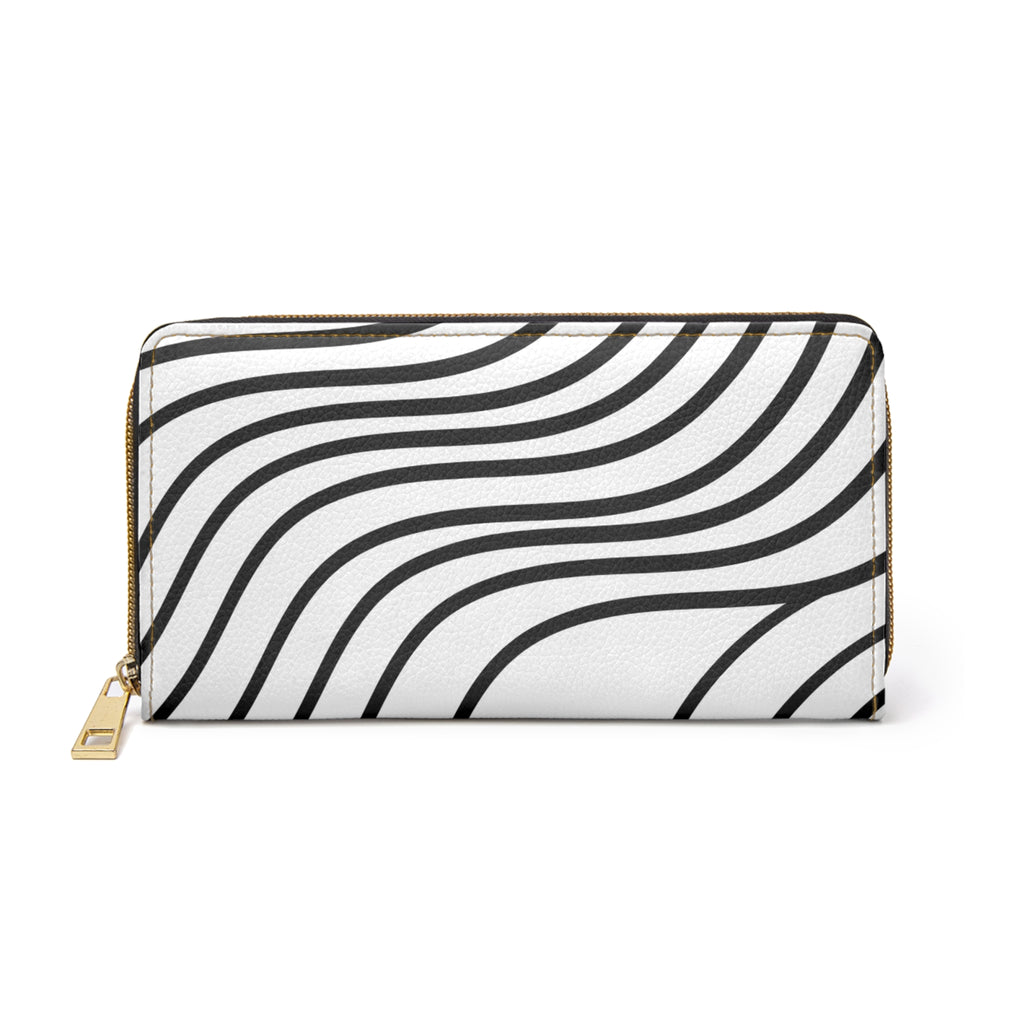 Zipper Wallet — Minimal Black & White Wave Pattern Leather Zip Wallet
