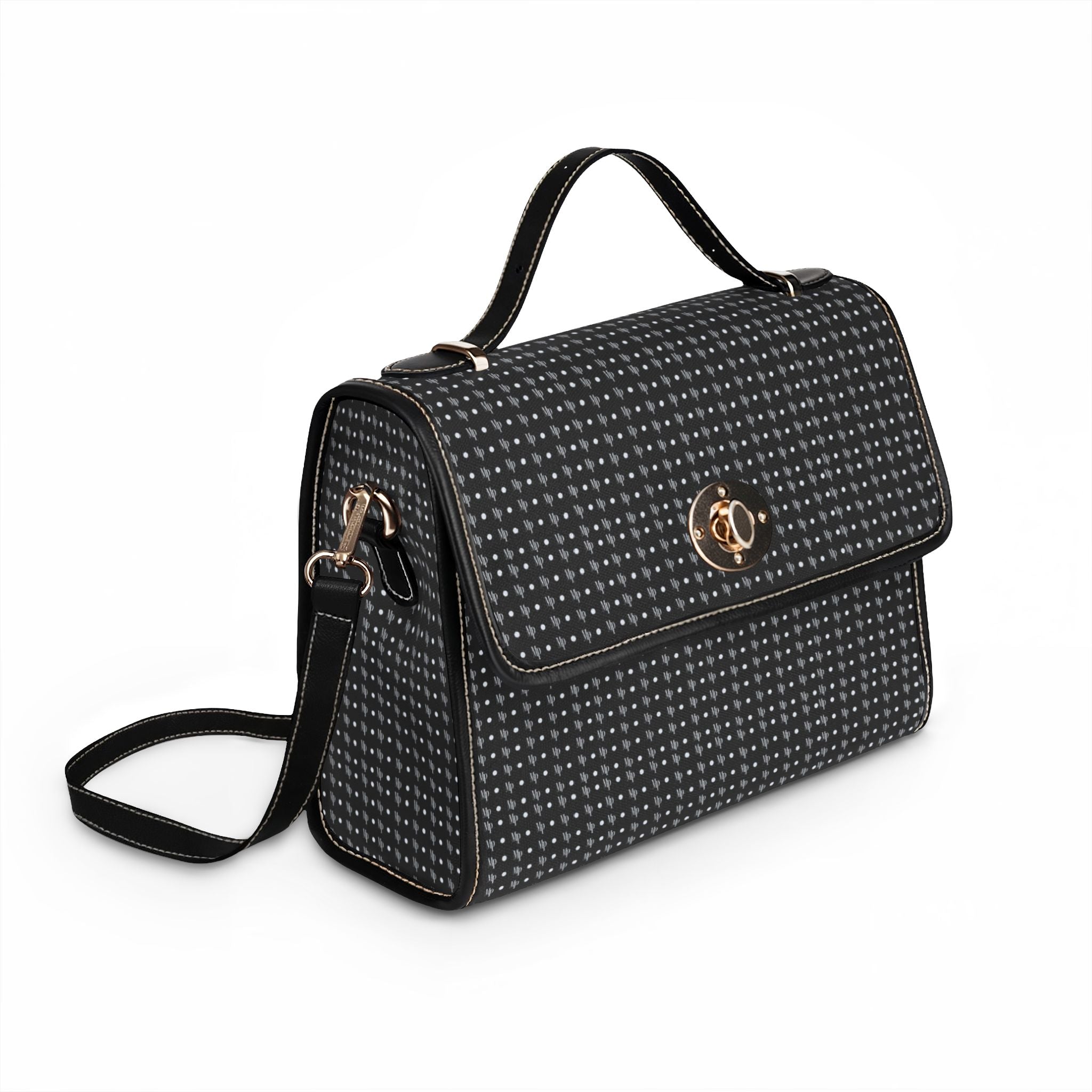 Waterproof Canvas Tote Bag — Black Houndstooth Pattern Shoulder Purse