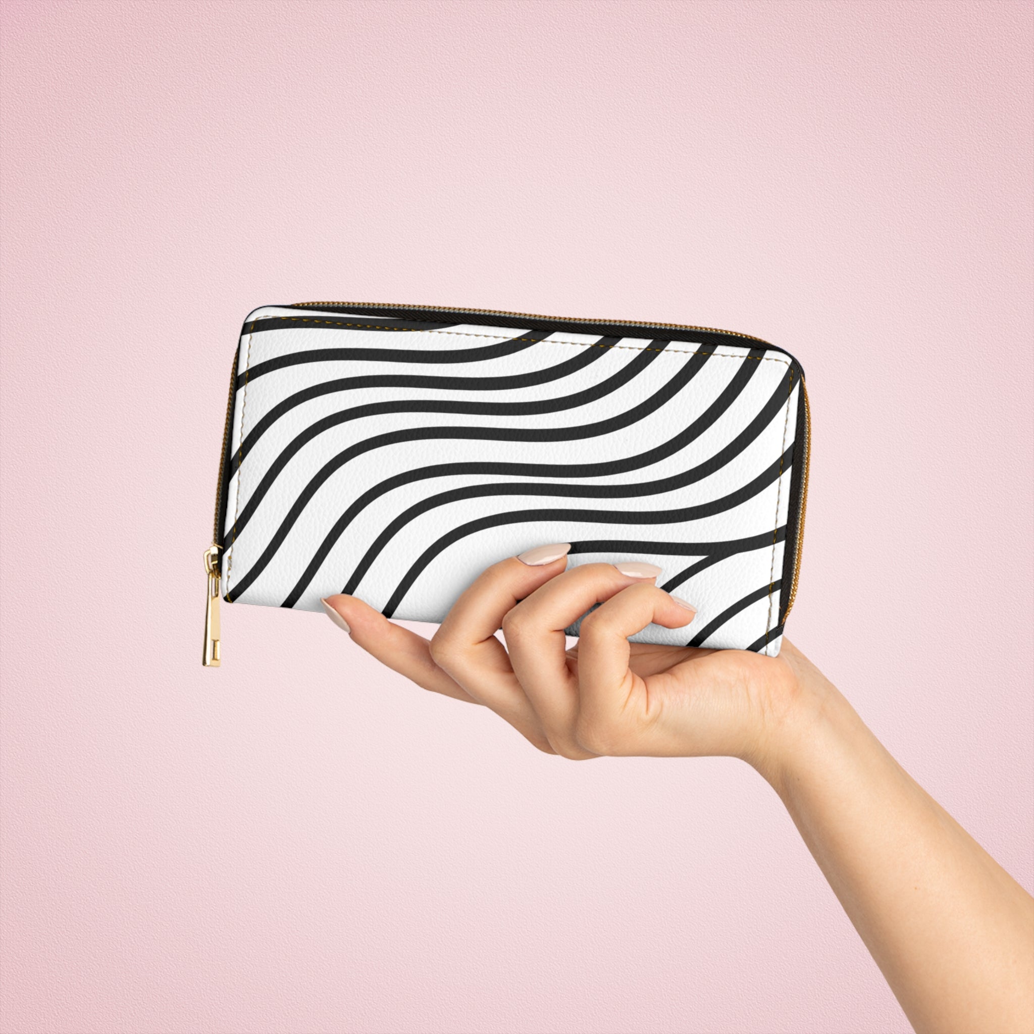 Zipper Wallet — Minimal Black & White Wave Pattern Leather Zip Wallet
